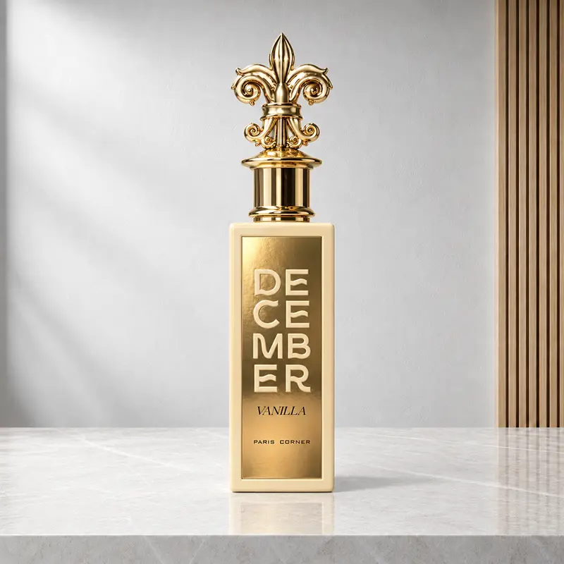 Front view of the cream December Vanilla bottle, showing its gold-coloured panel and ornate fleur-de-lis cap.