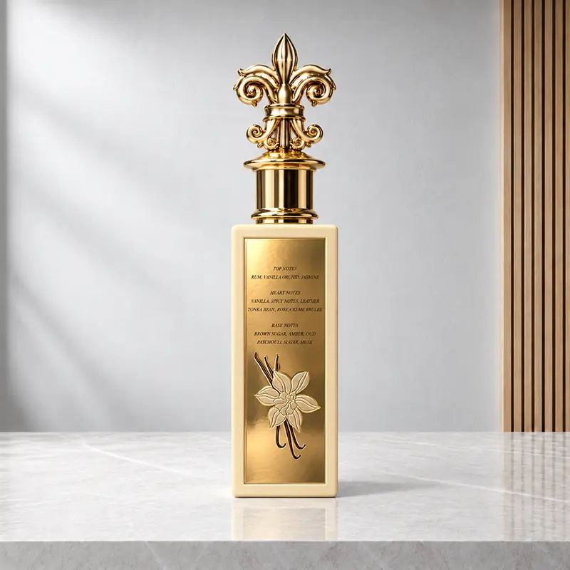 Rear of the December Vanilla bottle, with printed fragrance notes and an orchid design on the gold-coloured panel.