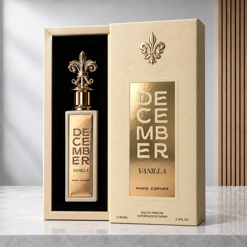 December Vanilla bottle in its open black-lined presentation box, beside the cream and gold outer packaging.