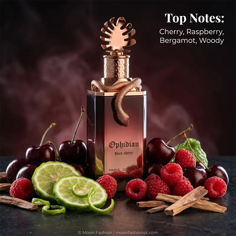 Opening notes of cherry, raspberry, and bergamot in Paris Corner Ophidian Black Cherry unisex EDP.