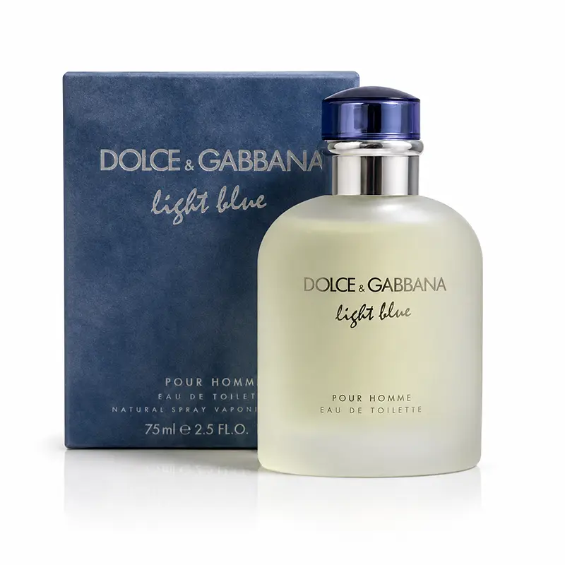 Dolce&Gabbana Light Blue Pour Homme 75ml bottle in front of its dark blue box on a neutral background.