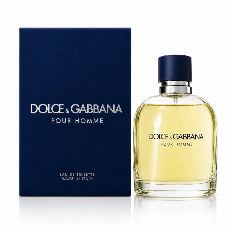 Dolce&Gabbana Pour Homme Eau de Toilette bottle beside its dark blue box on a white background.