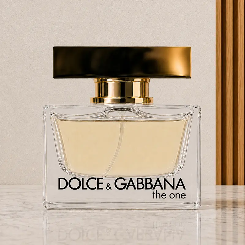 Dolce&Gabbana The One perfume bottle shown from the front on a pale marble surface