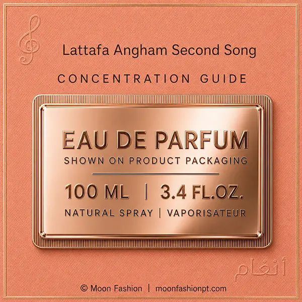 Eau de Parfum guide showing Angham Second Song in 100 ml, 3.4 fl oz and natural spray format.