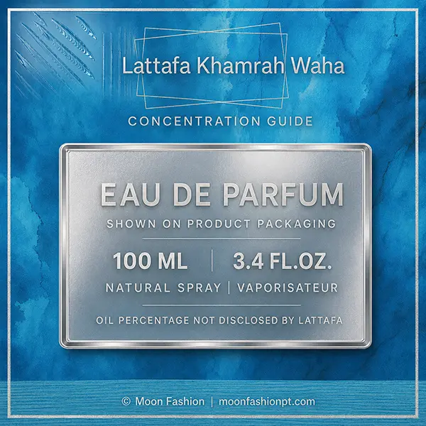 Khamrah Waha concentration graphic stating Eau de Parfum, 100 ml, 3.4 fl oz and natural spray.
