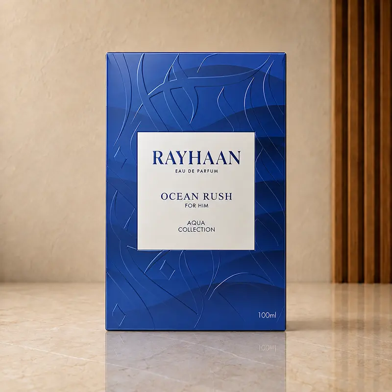 Ocean Rush blue 100ml box labelled Rayhaan Eau de Parfum, For Him and Aqua Collection