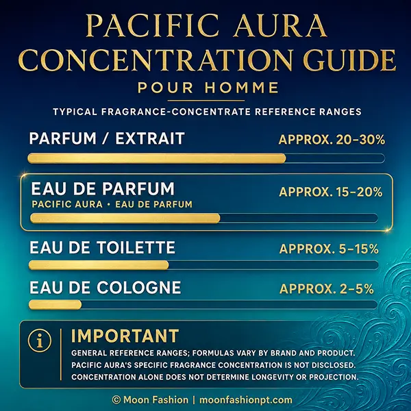 Pacific Aura concentration guide highlighting Eau de Parfum with general reference ranges.