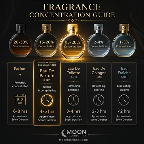 Fragrance concentration chart explaining Eau de Parfum intensity and comparative scent longevity