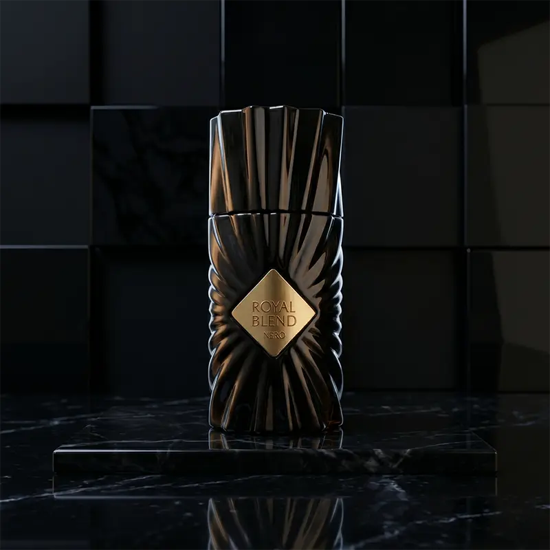 Exquisite textured bottle of French Avenue Royal Blend Nero Parfum, a premium addition to any collection.