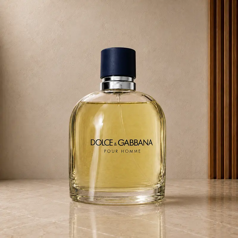 Dolce&Gabbana Pour Homme bottle with pale yellow liquid, navy cap and silver collar.