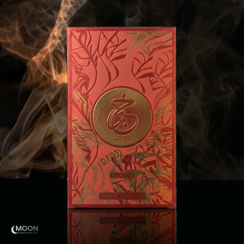 Elegant red embossed packaging of Paris Corner Khair Fusion perfume, a sophisticated scent for the modern woman.