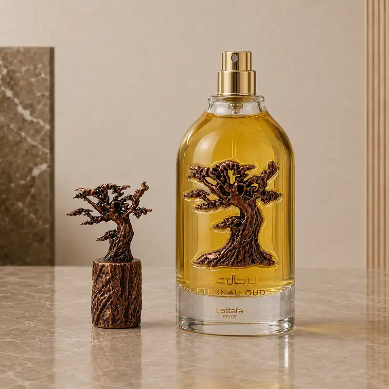 Uncapped Eternal Oud 100 ml EDP bottle with gold spray nozzle and bronze tree cap