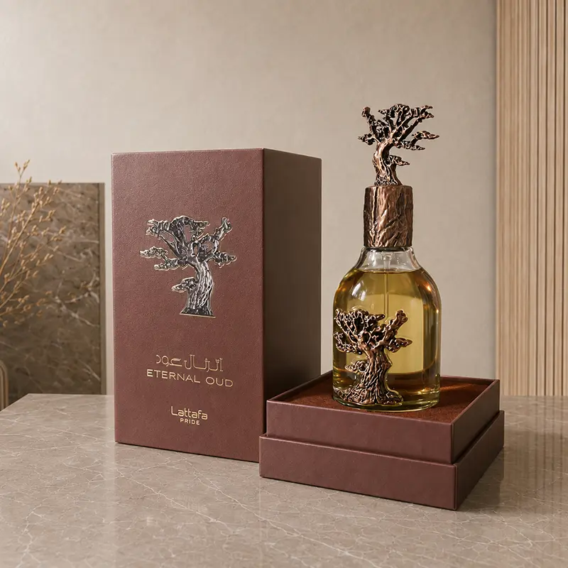 Eternal Oud bottle presented in its open two-step inner box beside the matching outer packaging