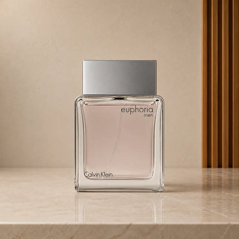 Calvin Klein Euphoria Men bottle standing upright with its rectangular silver cap in a neutral studio setting.