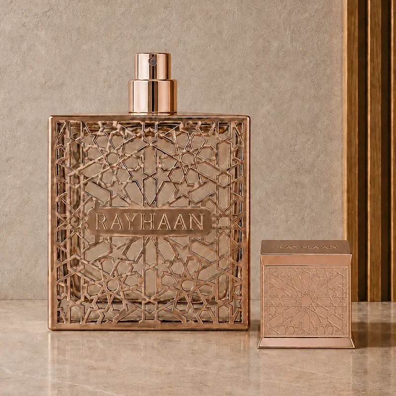Rayhaan Divine bottle with spray nozzle exposed and geometric cap placed beside it.