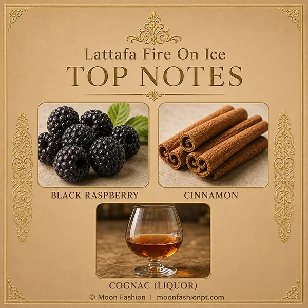 Fire On Ice top notes graphic with black raspberry, cinnamon sticks and a glass of cognac.