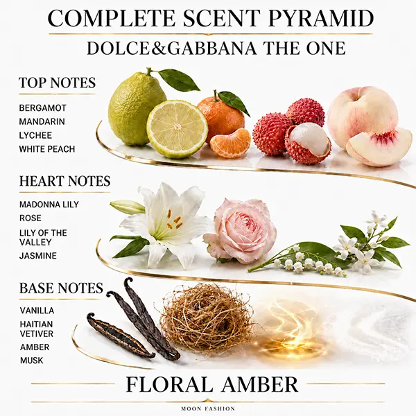 The One floral amber scent pyramid showing labelled top, heart and base note imagery