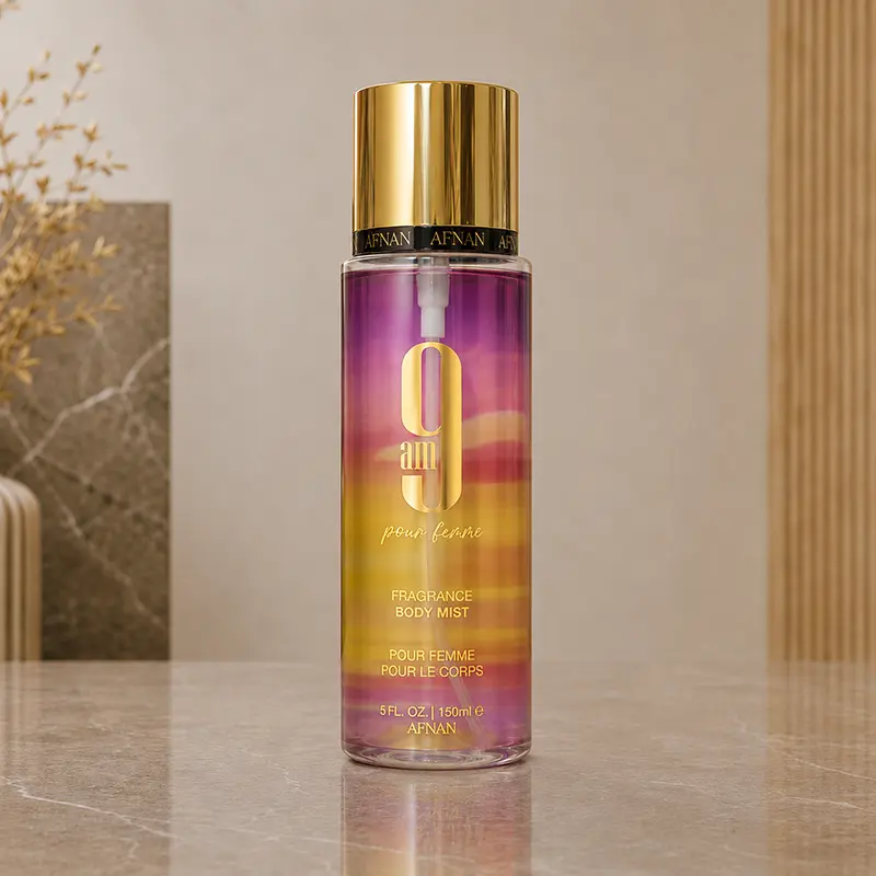 Gradient pink and gold Afnan 9 AM Pour Femme Fragrance Body Mist bottle, 150ml