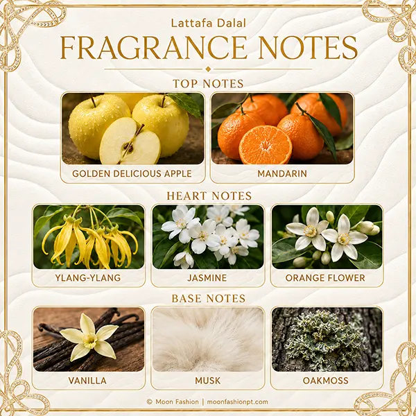 Lattafa Dalal fragrance note chart showing apple, mandarin, florals, vanilla, musk and oakmoss