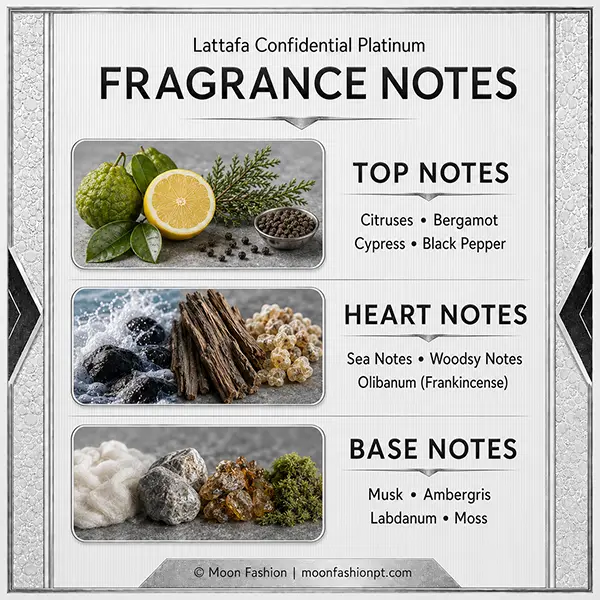 Fragrance notes chart listing citrus, marine, woody, incense, musk, ambergris, labdanum and moss