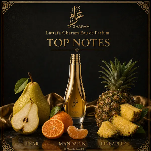 Olfactory infographic chart displaying the refreshing top notes of Gharam: pear, tangerine, and pineapple.
