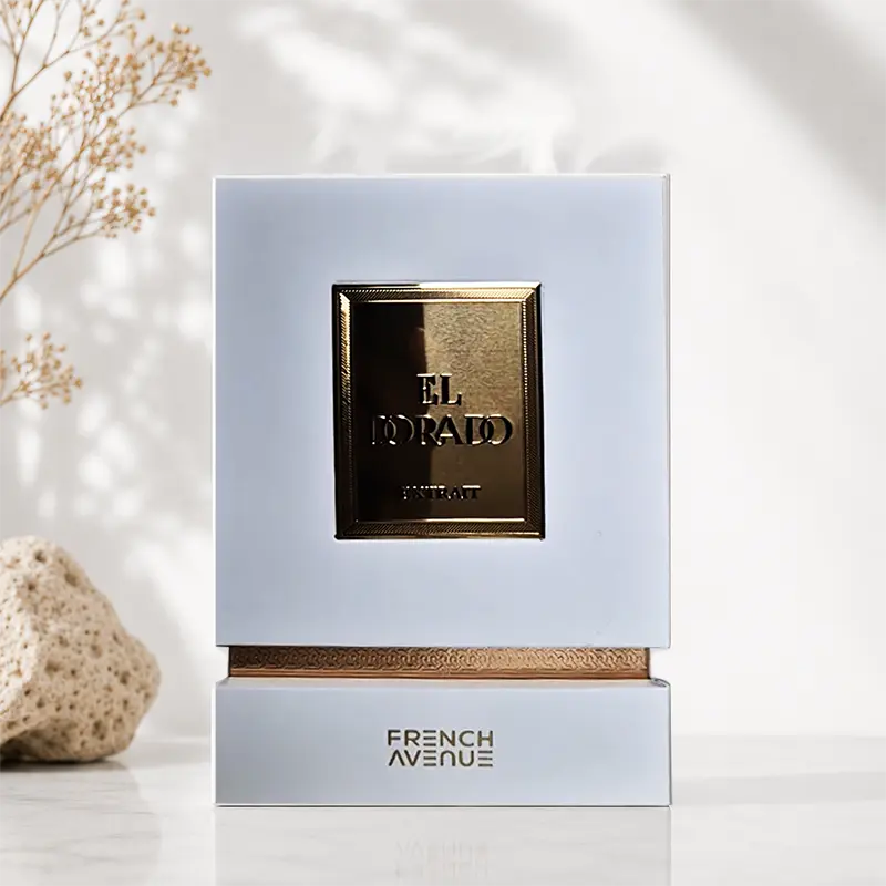 Closeup of the gold embossed French Avenue El Dorado luxury packaging with premium detailing.