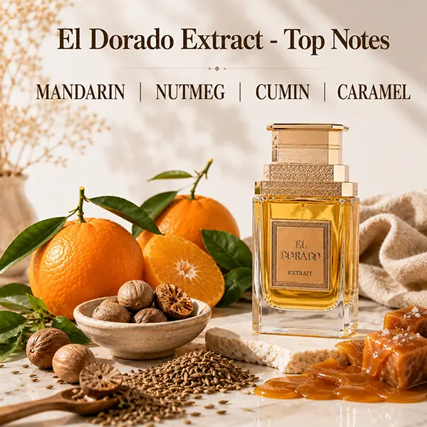 Fragrance top notes graphic of El Dorado featuring mandarin, nutmeg, cumin, and sweet caramel accords.