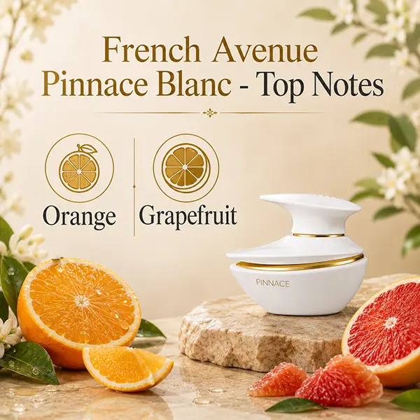 Citrus fragrance notes graphic for Pinnace Blanc featuring orange and grapefruit scent accords.