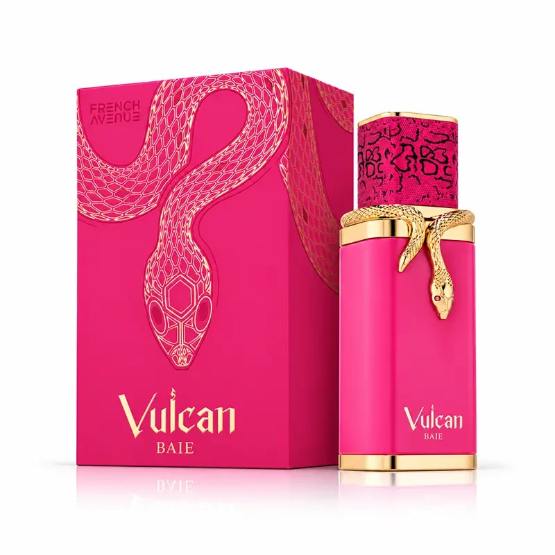 French Avenue Vulcan Baie pink perfume bottle and matching box on white with a soft reflection.