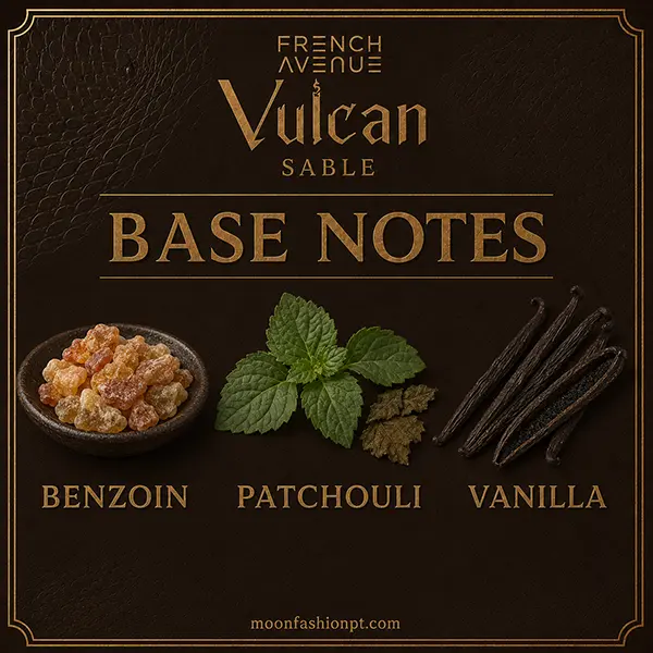 Base-notes graphic for Vulcan Sable with benzoin, patchouli and vanilla.