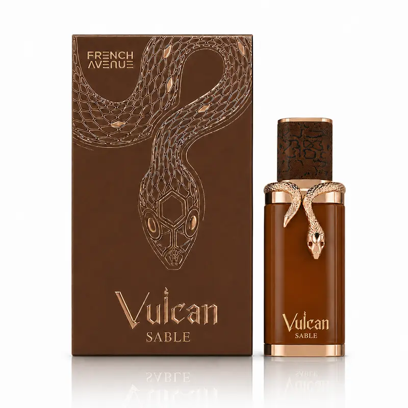 Vulcan Sable bottle beside its matching presentation box on a white background with a soft reflection.