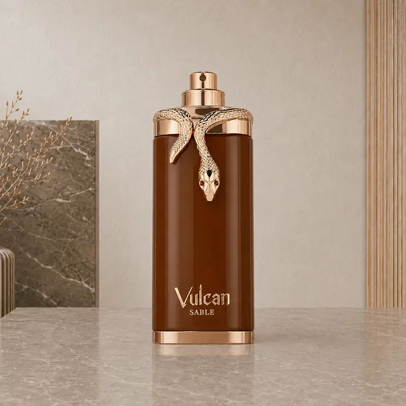 Vulcan Sable bottle with its cap removed to reveal the gold-coloured spray nozzle.