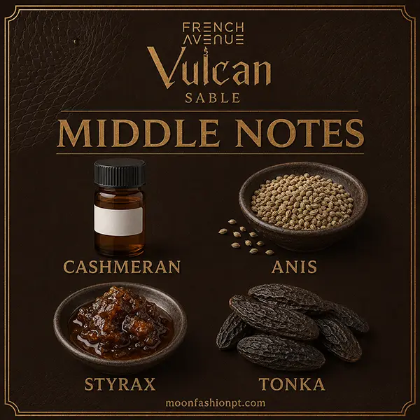 French Avenue Vulcan Sable middle-notes graphic showing Cashmeran, anis, styrax and tonka.