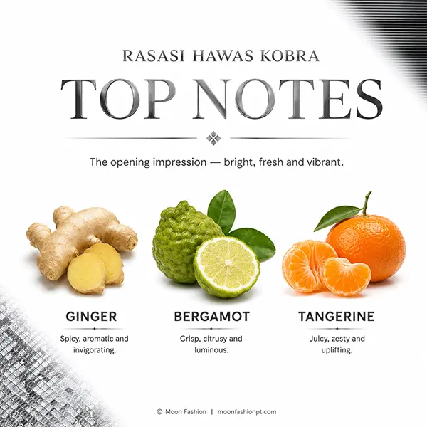 Ginger, bergamot and tangerine presented as the top notes of Hawas Kobra.