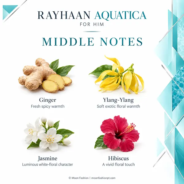 Rayhaan Aquatica middle notes: Ginger, Ylang-Ylang, Jasmine and Hibiscus