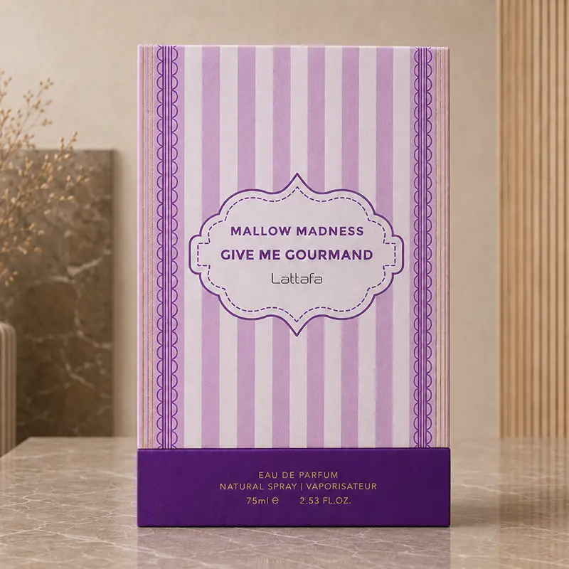 Lilac striped Mallow Madness box showing Give Me Gourmand, Eau de Parfum and 75ml text.