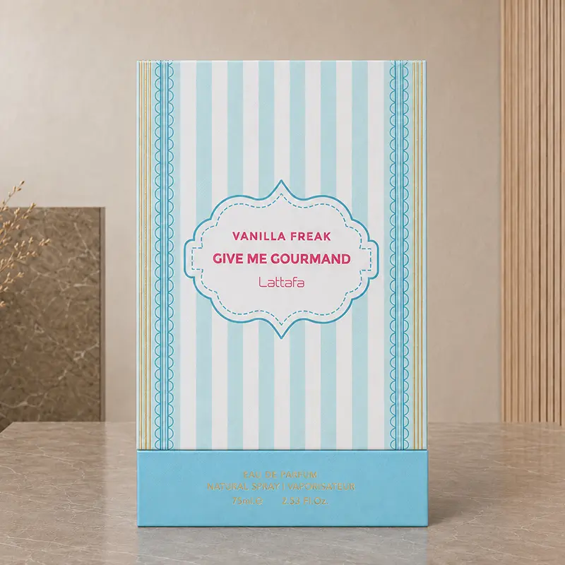 Striped Give Me Gourmand Vanilla Freak box displaying Eau de Parfum and 75 ml.