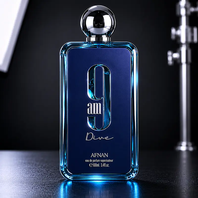Macro detail shot capturing the refined craftsmanship and heavy glass construction of the Afnan 9 AM Dive bottle.