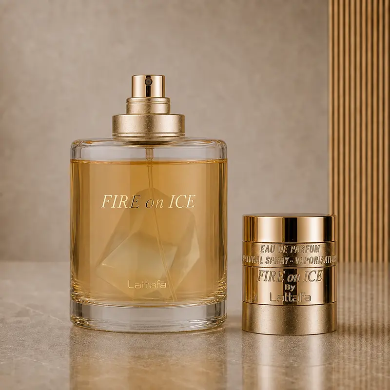 Uncapped Fire On Ice bottle beside its gold cap, with the spray nozzle and amber liquid visible.