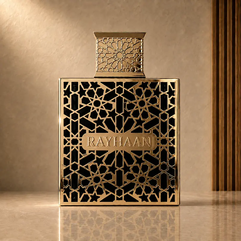 Gold geometric Rayhaan Elixir bottle shown from the front over a glossy black body.