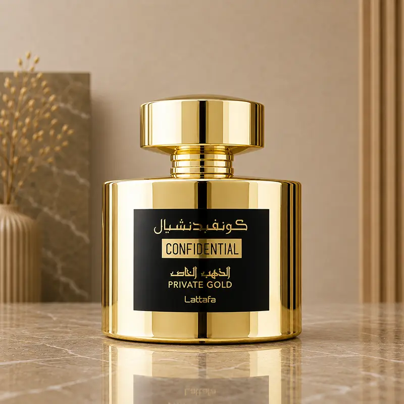 Lattafa Confidential Private Gold bottle displayed on a reflective stone surface.