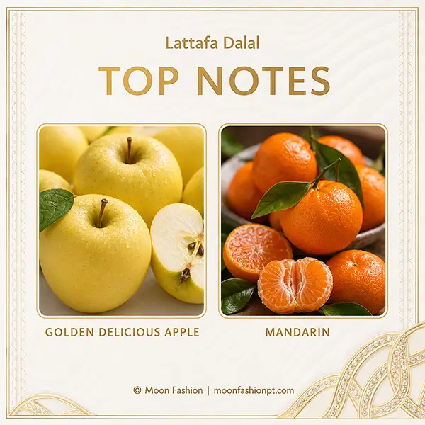 Top notes graphic showing Golden Delicious apple and mandarin for Lattafa Dalal