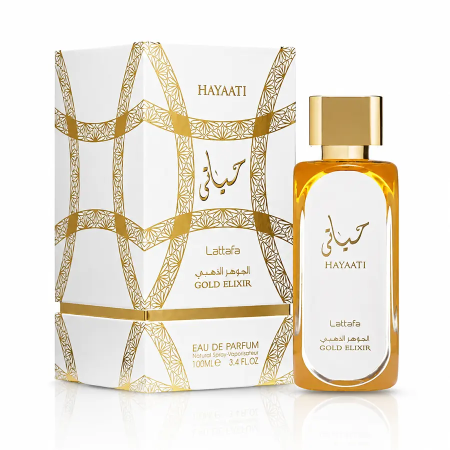 Golden perfume bottle showcasing the transparent glass finish of Lattafa Hayaati Gold Elixir