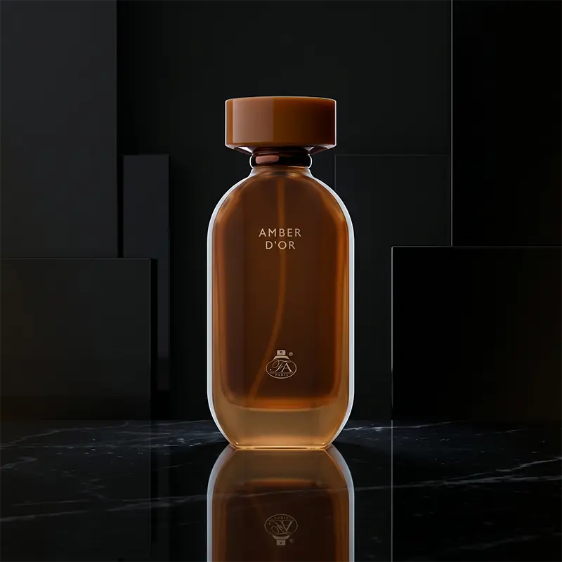 The signature golden flacon of Amber d'or Eau de Parfum, a niche fragrance from Fragrance World.