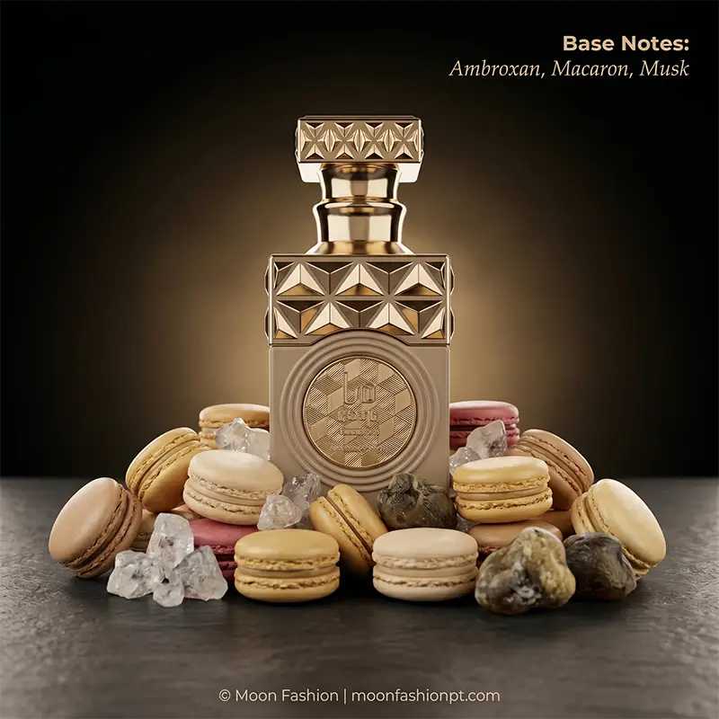 Unisex Minya Coco Lush perfume by Paris Corner surrounded by sweet macarons and warm musk rocks, highlighting its rich base.