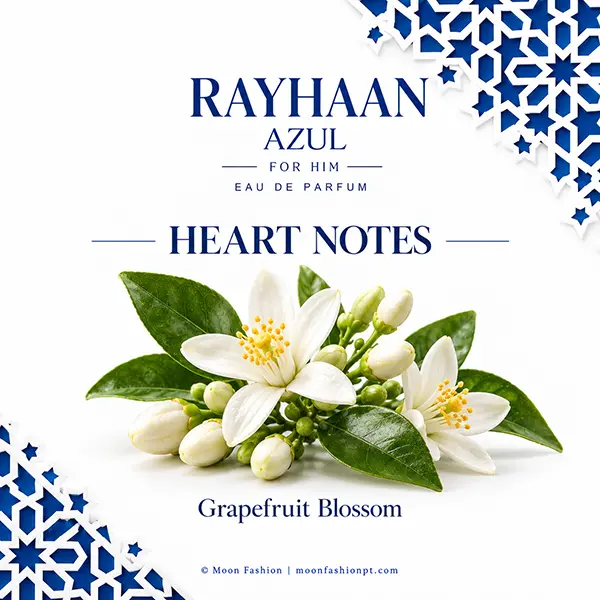White grapefruit blossom illustrations with green leaves on the Rayhaan Azul heart notes card.
