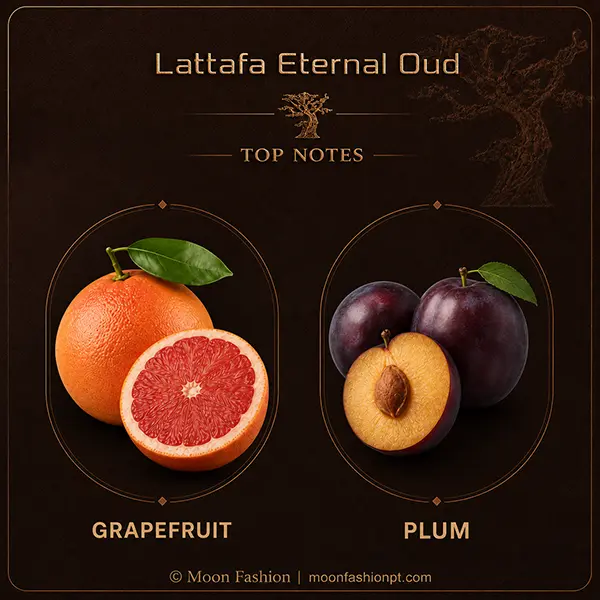 Grapefruit and plum shown in the Lattafa Eternal Oud top-notes infographic