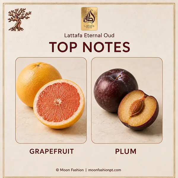 Grapefruit and plum presented as Lattafa Eternal Oud top notes