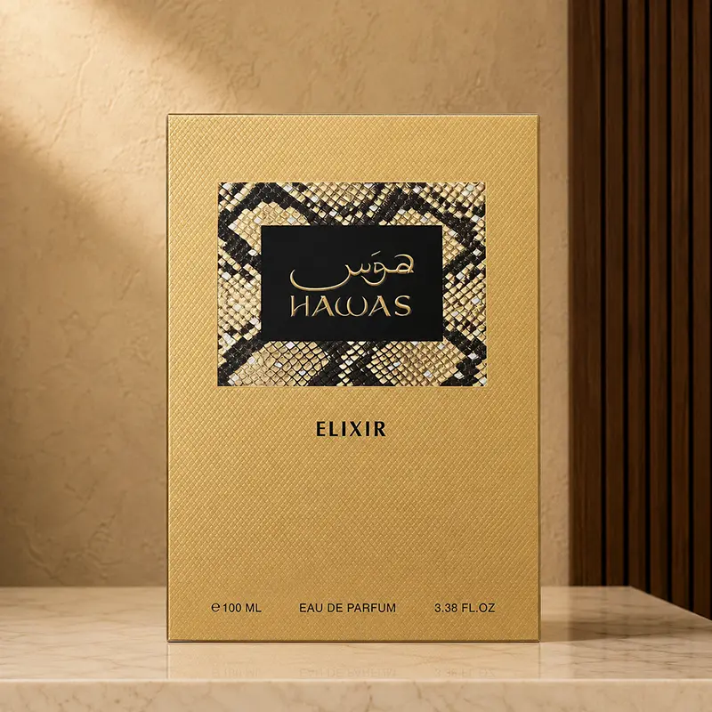 Gold Hawas Elixir Eau de Parfum box showing 100 ml and 3.38 fl oz on the front.