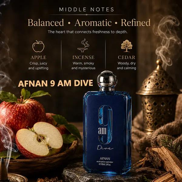 Mid-note olfactory breakdown for 9 AM Dive, displaying crisp apple, warm incense, and rich cedarwood fragrance elements.